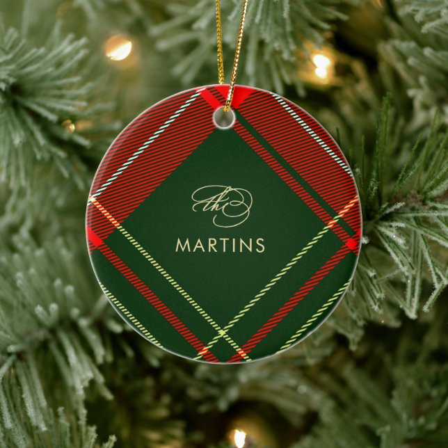 Ornamento De Cerâmica Xadrez Red Tartan Clássico Nome e Foto Natal (Árvore)