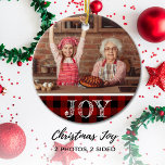 Ornamento De Cerâmica Xadrez Rustic Red Photo Christmas Joy Buffalo<br><div class="desc">Personalize esta tendência e este Enfeites de natal rústico apresentando uma tipografia ousada com o sentimento "Alegria" com a sua própria fotografia de família e a data num fundo de xadrez de búfalo vermelho. Na frente deste ornamento de dois lados, você tem sua própria foto 5x7 e a parte de...</div>