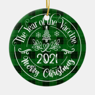 Ornamento De Cerâmica Xadrez Verde Ano da Vacina 2021 Natal