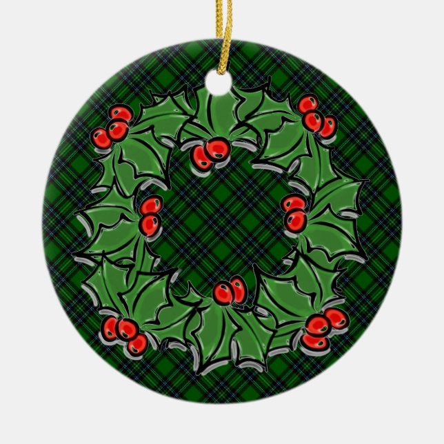 Ornamento De Cerâmica Xadrez verde clássico de Natal folhas vermelhas oc (Frente)