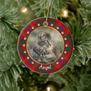 Ornamento De Cerâmica Xadrez Vermelha de Natal Foto de Gato Fotográfico