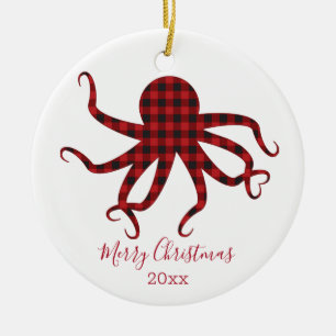 Ornamento De Cerâmica Xadrez Vermelha de Octopus de Natal Feliz