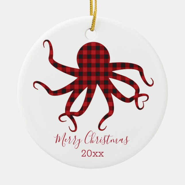 Ornamento De Cerâmica Xadrez Vermelha de Octopus de Natal Feliz (Frente)