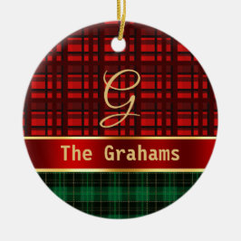 Ornamento De Cerâmica Xadrez Vermelha Verde e Fita com Nome e Inicial