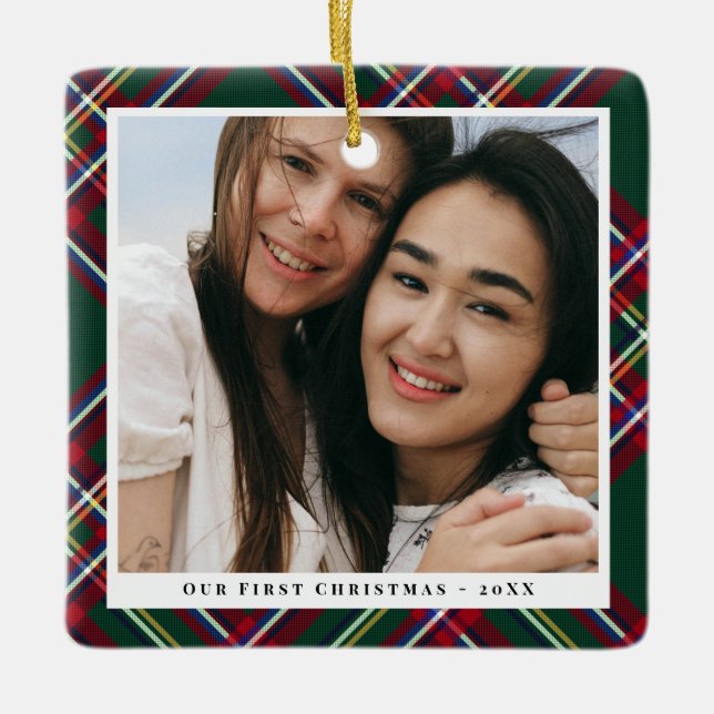 Ornamento De Cerâmica Xadrez Vermelha Verde Primeiro Natal Junto Foto (Frente)