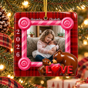 Ornamento De Cerâmica Xadrez Vermelho Personalizado Foto Amor Família Na