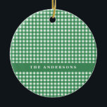Ornamento De Cerâmica Xadrez Vintage Green e White Gingham Personalizada<br><div class="desc">Xadrez de Gingham Branco e Verde Vintage Ornamento Cerâmico Personalizado de Natal</div>