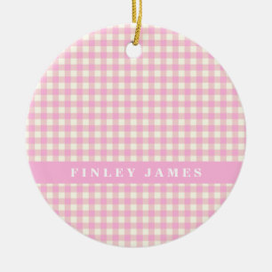 Ornamento De Cerâmica Xadrez Vintage Pink e White Gingham Personalizada