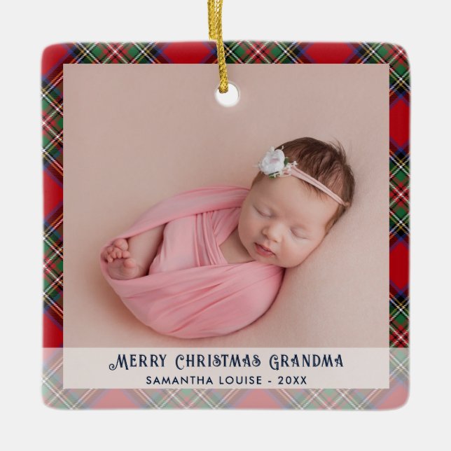 Ornamento De Cerâmica Xadrez Vovó Natal Foto do bebê Tartan (Frente)