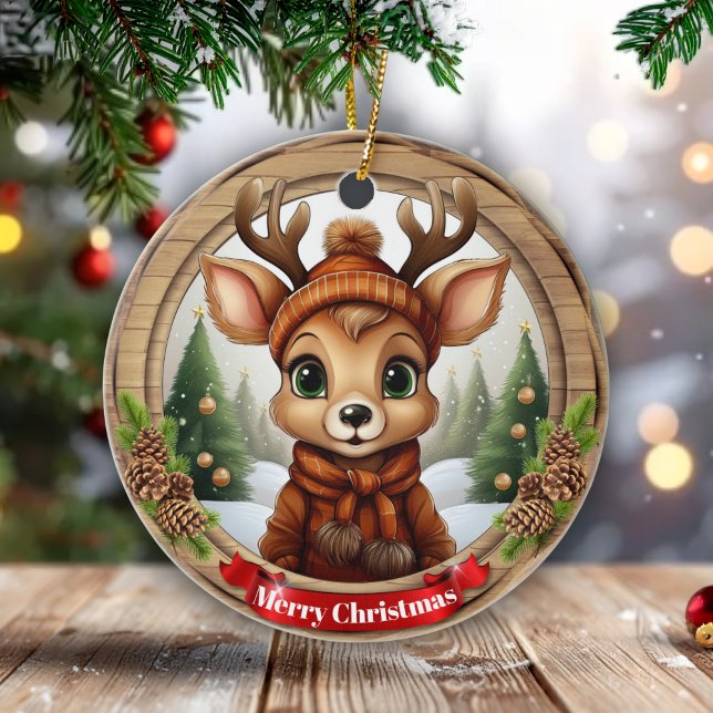 Ornamento De Cerâmica Xmas Deer with Antlers Animal Character Decor 🦌🎄 (Editable Text Xmas Deer with Antlers Animal Character Reindeer Christmas Decor Ceramic Ornament 🦌🎄)