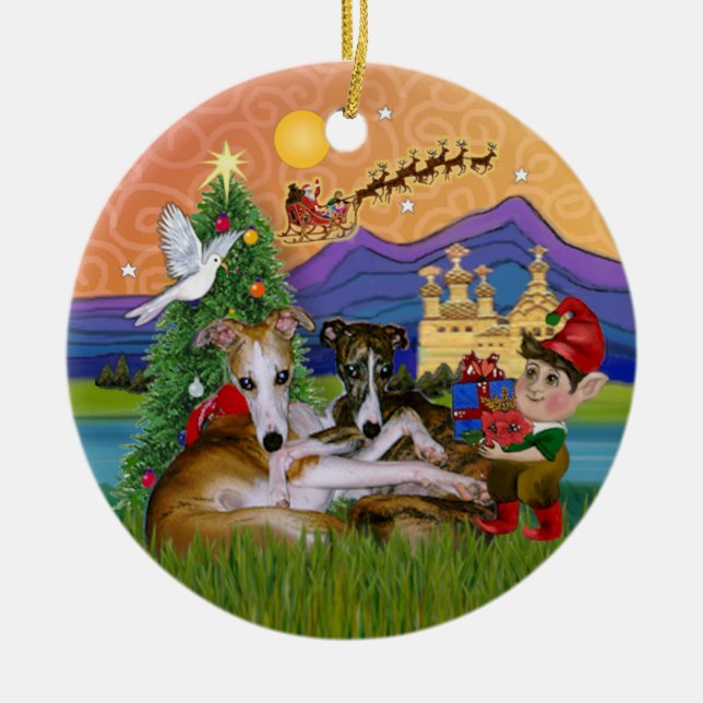 Ornamento De Cerâmica Xmas Fantasy - Dois Whippets (Frente)