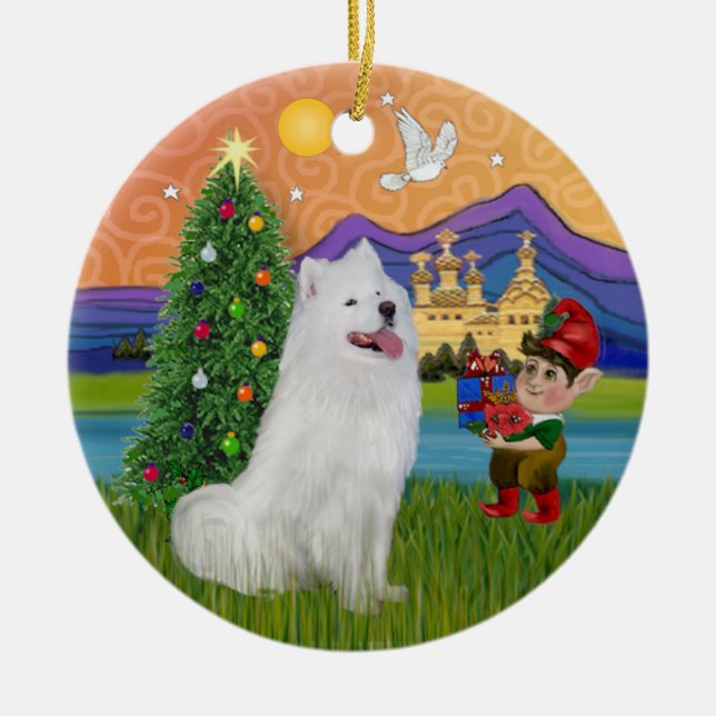 Ornamento De Cerâmica Xmas Fantasy - Samoyed (Frente)