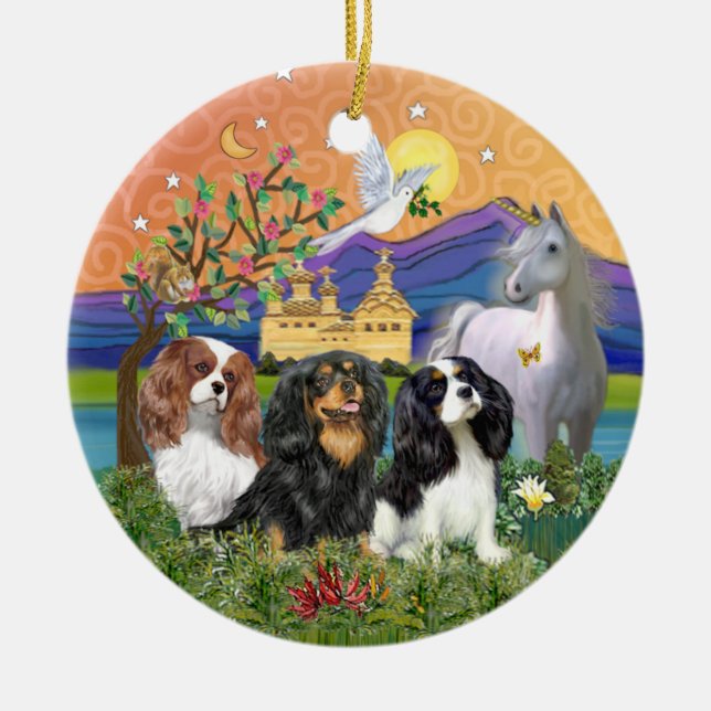 Ornamento De Cerâmica Xmas Fantasy - Três Cavalier King Charles Spaniel (Frente)