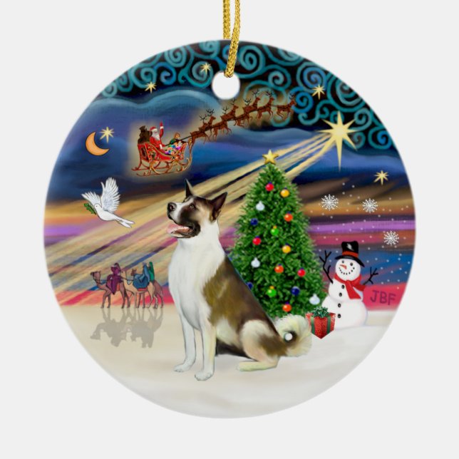 Ornamento De Cerâmica Xmas Magic - Akita (branco-castanho) (Frente)