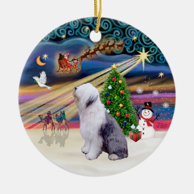 Ornamento De Cerâmica Xmas Magic - Antigo Sheepdog 1 Inglês (Frente)