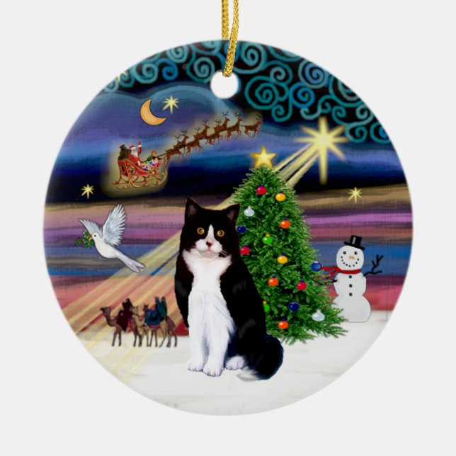 Ornamento De Cerâmica Xmas Magic - Black and White cat (Frente)