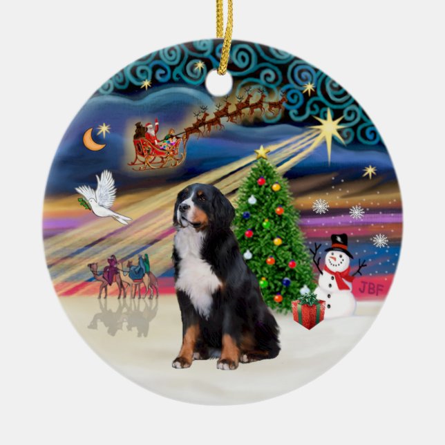 Ornamento De Cerâmica Xmas Magic - Cão de Montanha Bernês 2 (Frente)