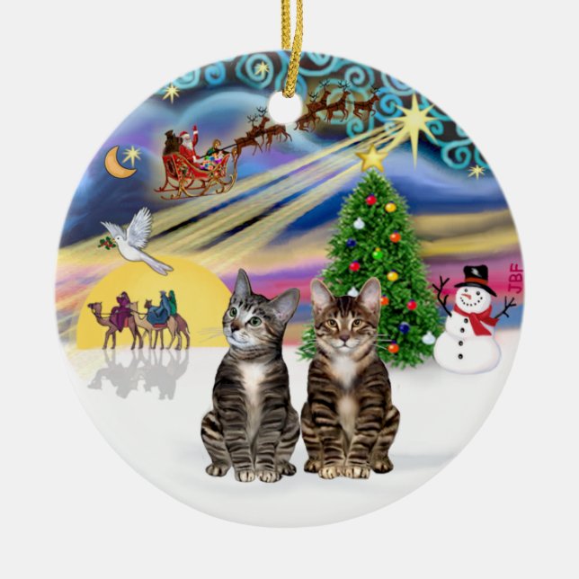 Ornamento De Cerâmica Xmas Magic - Dois Gatos Marrons para Tabby (Frente)