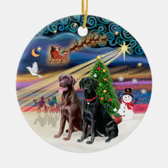 Ornamento De Cerâmica Xmas Magic - Labradores (preto + chocolate) (Frente)