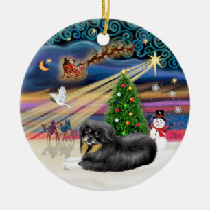 Ornamento De Cerâmica Xmas Magic - TibetanSpaniel (preto-tan)