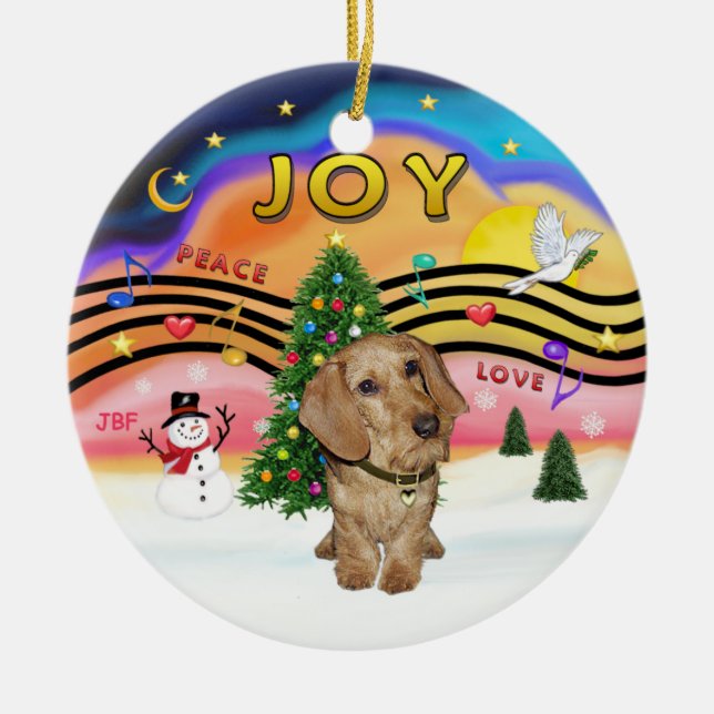 Ornamento De Cerâmica Xmas Music 2 - Wire Haired Dachshund (Frente)