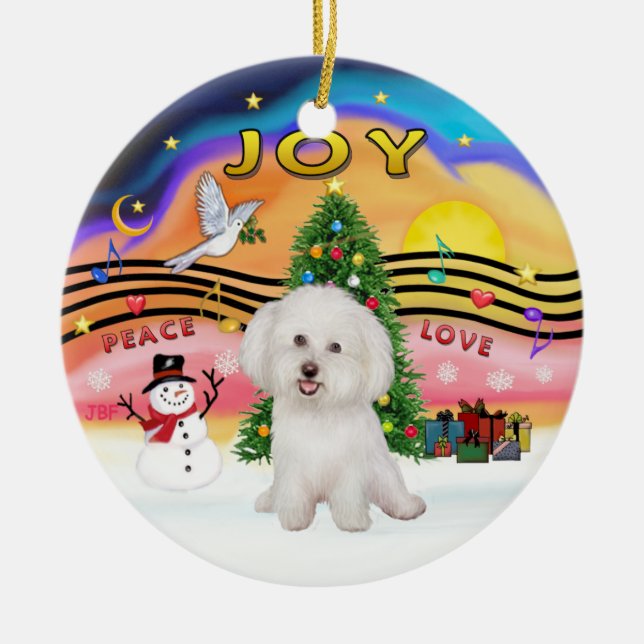 Ornamento De Cerâmica Xmas Music 2P - Bichon Frise 7 (Frente)