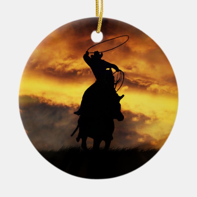 Ornamento De Cerâmica Xmas Sunset Cowboy e Horse Roping (Frente)