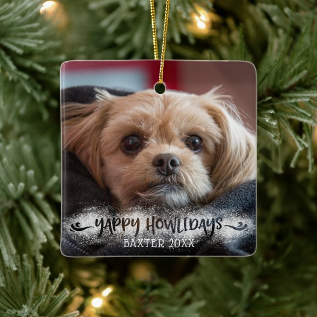 Ornamento De Cerâmica YAPPY HOWLIDAYS Snowy Overlay Dog Foto (Árvore)