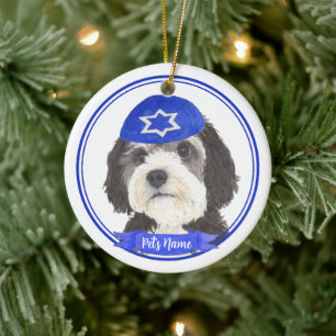 Ornamento De Cerâmica Yarmulke de Hanukkah personalizado Bernedoodle Azu