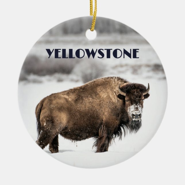 Ornamento De Cerâmica Yellowstone Snowy Buffalo Souvenir Ornament (Frente)