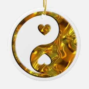 Ornamento De Cerâmica Yin & Yang / Corações dourado