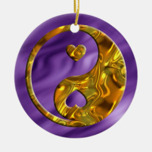 Ornamento De Cerâmica Yin & Yang / Hearts gold ondas lila