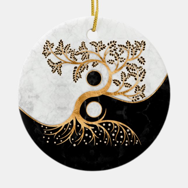 Ornamento De Cerâmica Yin Yang Tree - Mármores e Dourado (Frente)