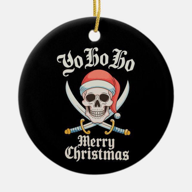 Ornamento De Cerâmica Yo Ho Feliz Natal Pirate Xmas Skull Holiday (Frente)