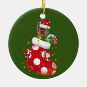 Ornamento De Cerâmica Yorkie com o Natal do Chapéu
