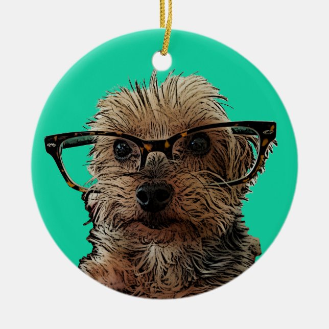 Ornamento De Cerâmica Yorkie com vidros (Frente)