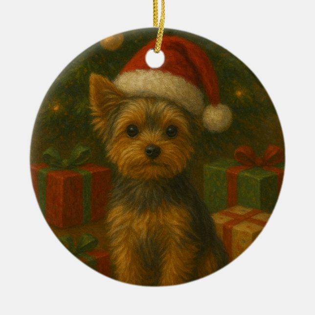 Ornamento De Cerâmica Yorkie de Natal (Frente)