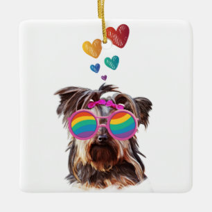 Ornamento De Cerâmica Yorkie Dog com Dia de os namorados de Corações