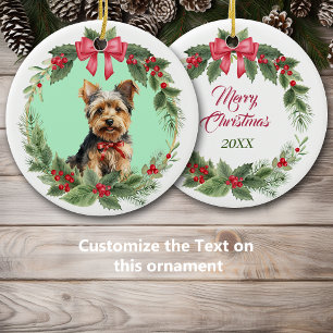 Ornamento De Cerâmica Yorkie Puppy Dog Red Arco Holly Wreath