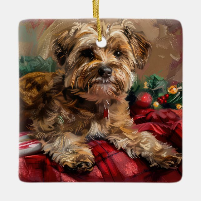 Ornamento De Cerâmica Yorkipoo Cão Natal Festivo (Frente)