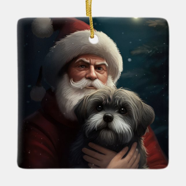 Ornamento De Cerâmica Yorkipoo com Papai Noel Natal Festivo (Frente)