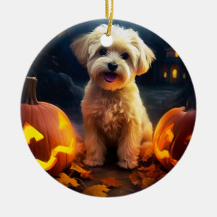 Ornamento De Cerâmica Yorkipoo do Halloween Com Pumpkins Assustado