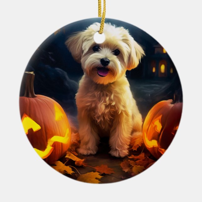 Ornamento De Cerâmica Yorkipoo do Halloween Com Pumpkins Assustado (Frente)