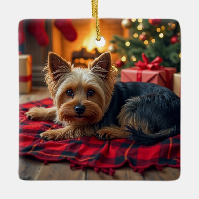 Ornamento De Cerâmica Yorkshire Terrier Cozy Christmas Evening Painting (Frente)