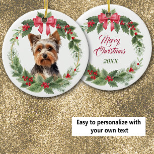 Ornamento De Cerâmica Yorkshire Terrier Dog Red Arco Holly Wreath