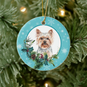 Ornamento De Cerâmica Yorkshire Terrier Evergreen Blue Snowflake Border