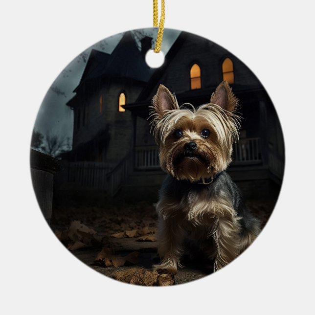 Ornamento De Cerâmica Yorkshire Terrier Halloween Scary (Frente)