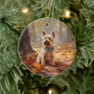 Ornamento De Cerâmica Yorkshire Terrier no Outono Folhas Caídas Inspiram