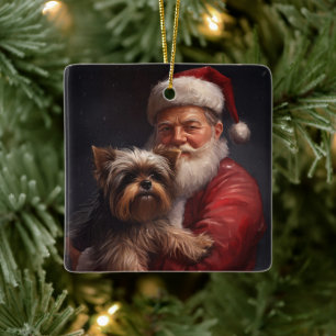 Ornamento De Cerâmica Yorkshire Terrier Papai Noel Festivo Natal