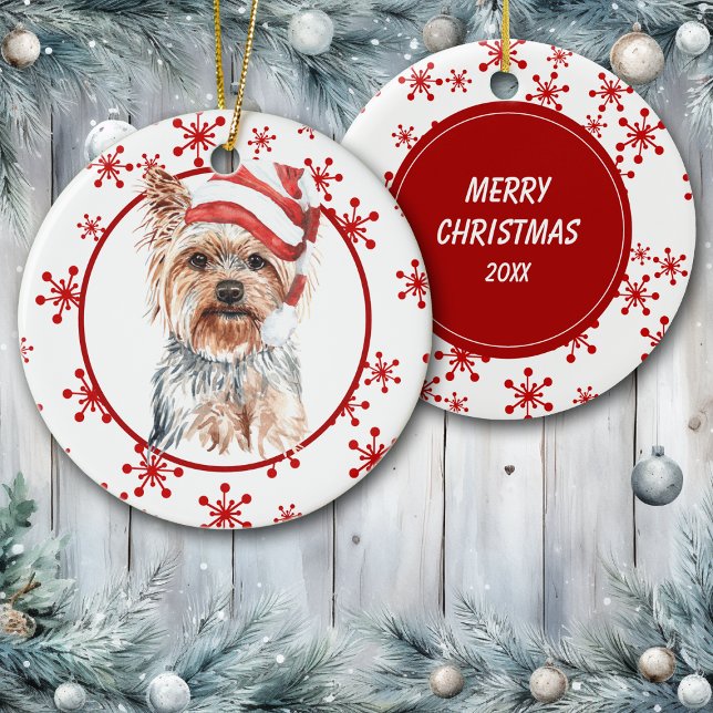 Ornamento De Cerâmica Yorkshire Terrier Santa Hat Red Snowflake (Criador carregado)